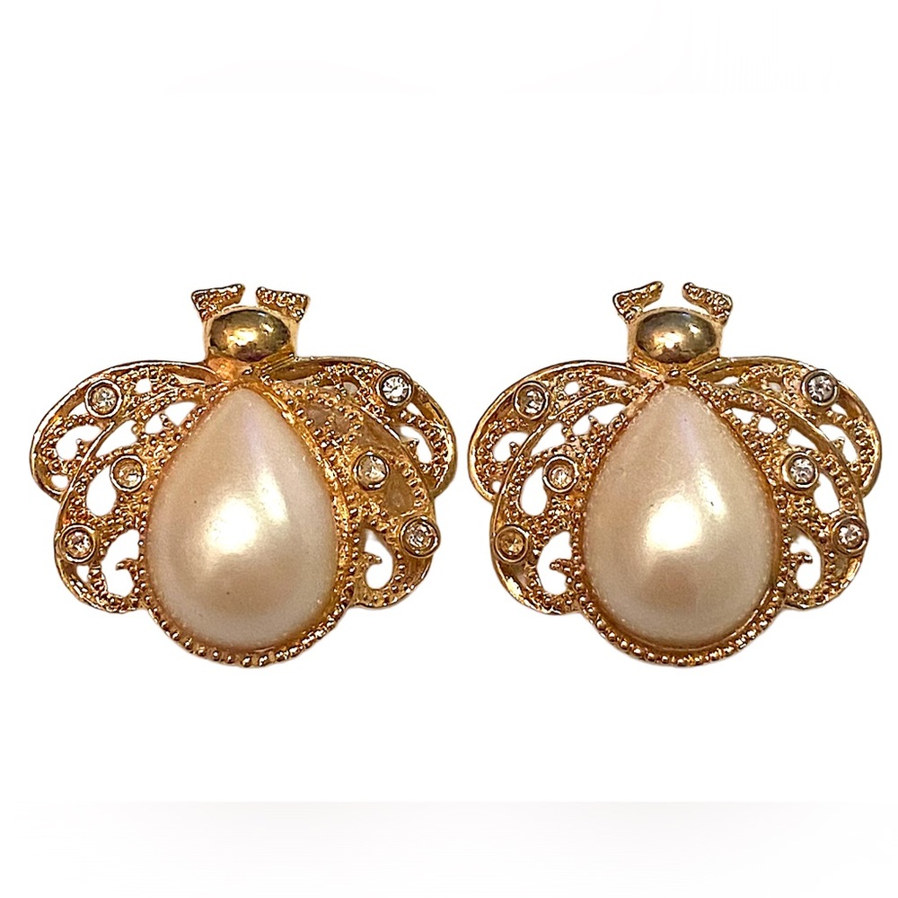 AVON Vintage Bug Beetle Earrings Gold Pearl